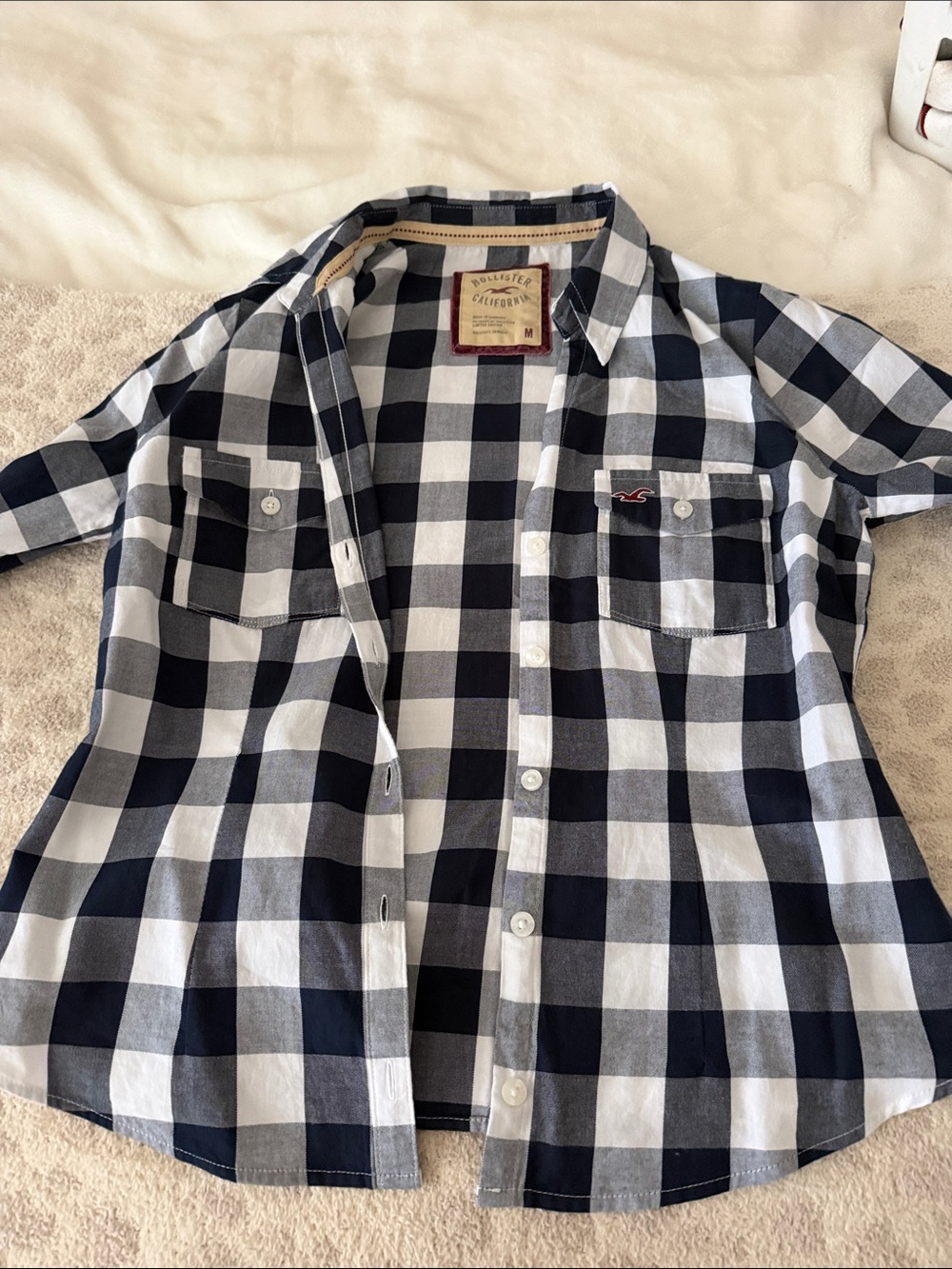 Hollister womens Blue & White Buffalo Plaid Button-Down Shirt